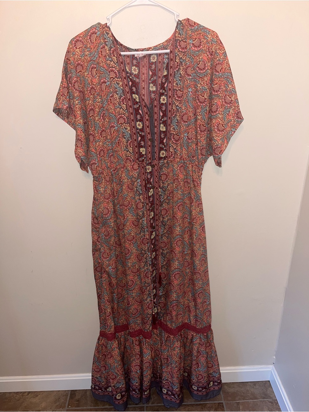 Boemo X Anthropologie Paisley Floral Maxi Dress Boho Size M Pink Red EUC